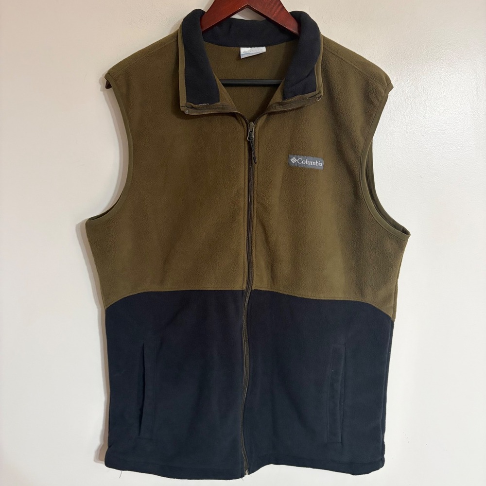 Columbia Mens Fleece Vest Medium Olive Green Black Full Zip Colorblock Hiking